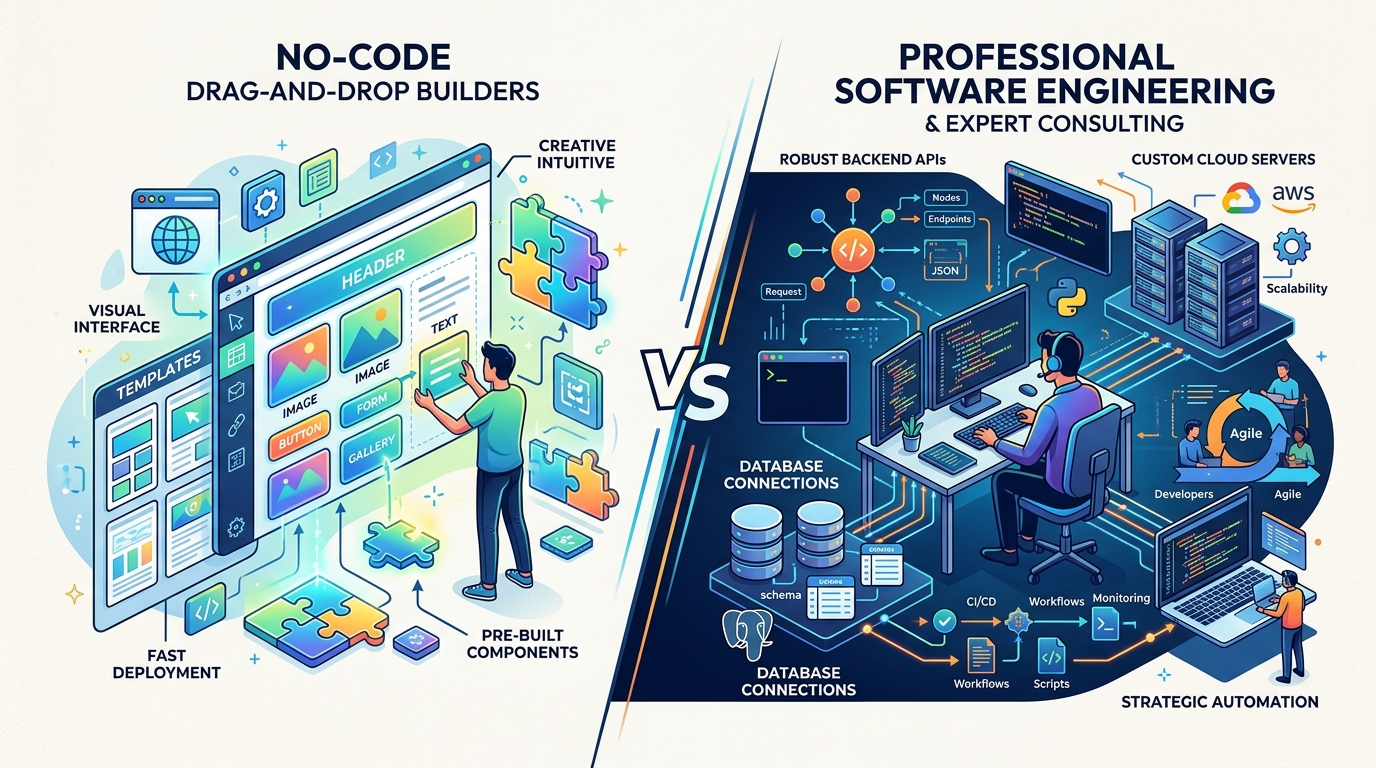 Comparativa ilustrada entre herramientas visuales no-code y desarrollo de software con integraciones avanzadas