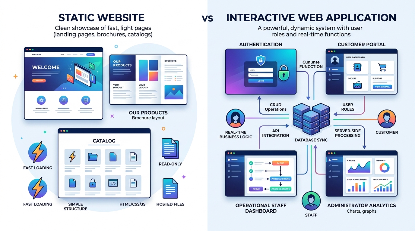 Comparativa visual entre un sitio web estático y una aplicación web interactiva con roles de usuario